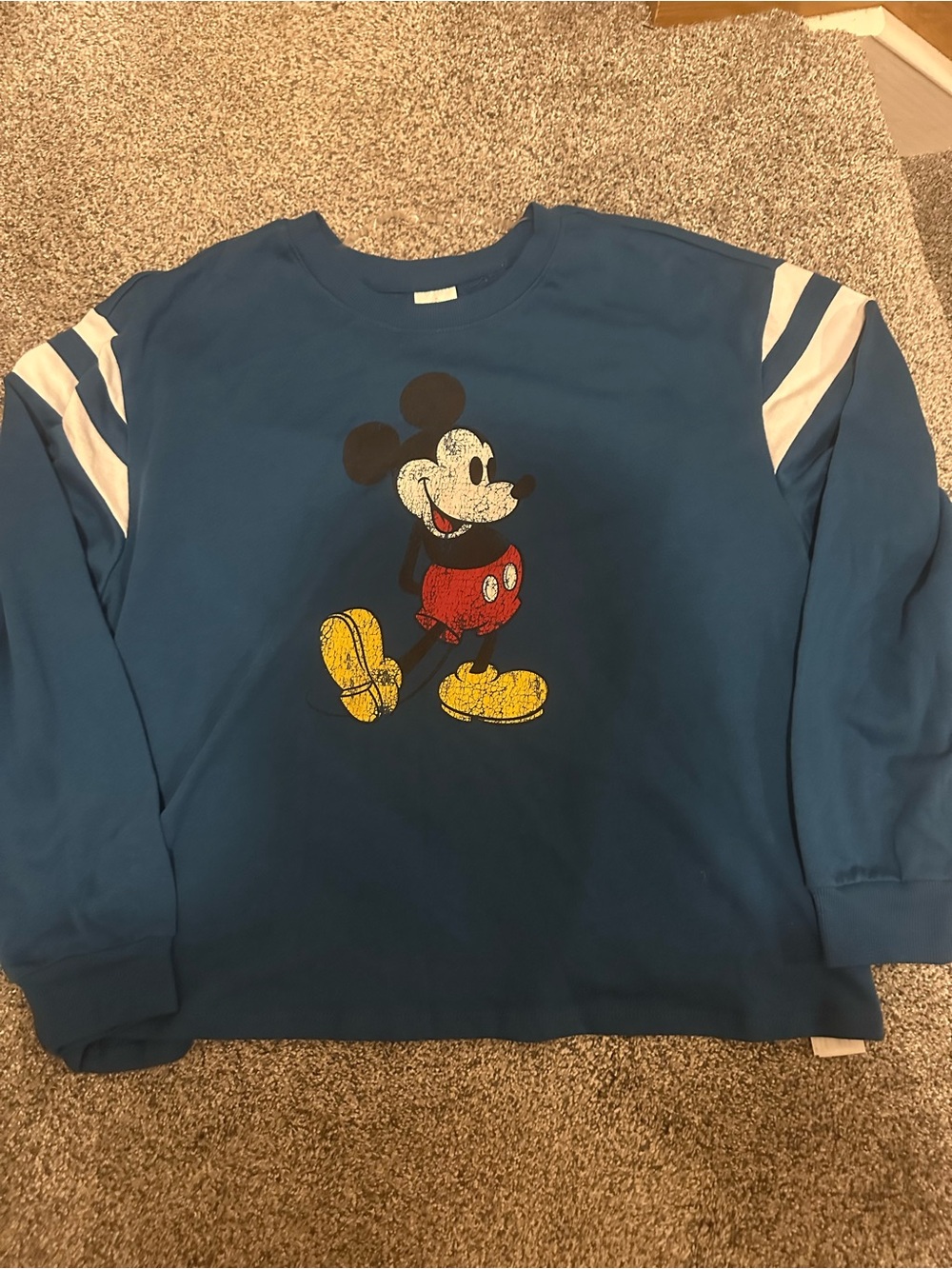 Disney Blue Mickey Mouse Crewneck Sweatshirt with White Shoulder Stripes